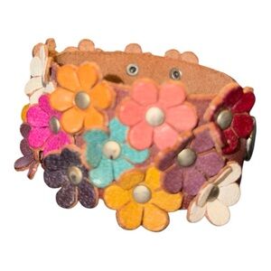 Leather Floral Bracelet with snaps sizes, multicolor on brown. Y2K vibes. J24